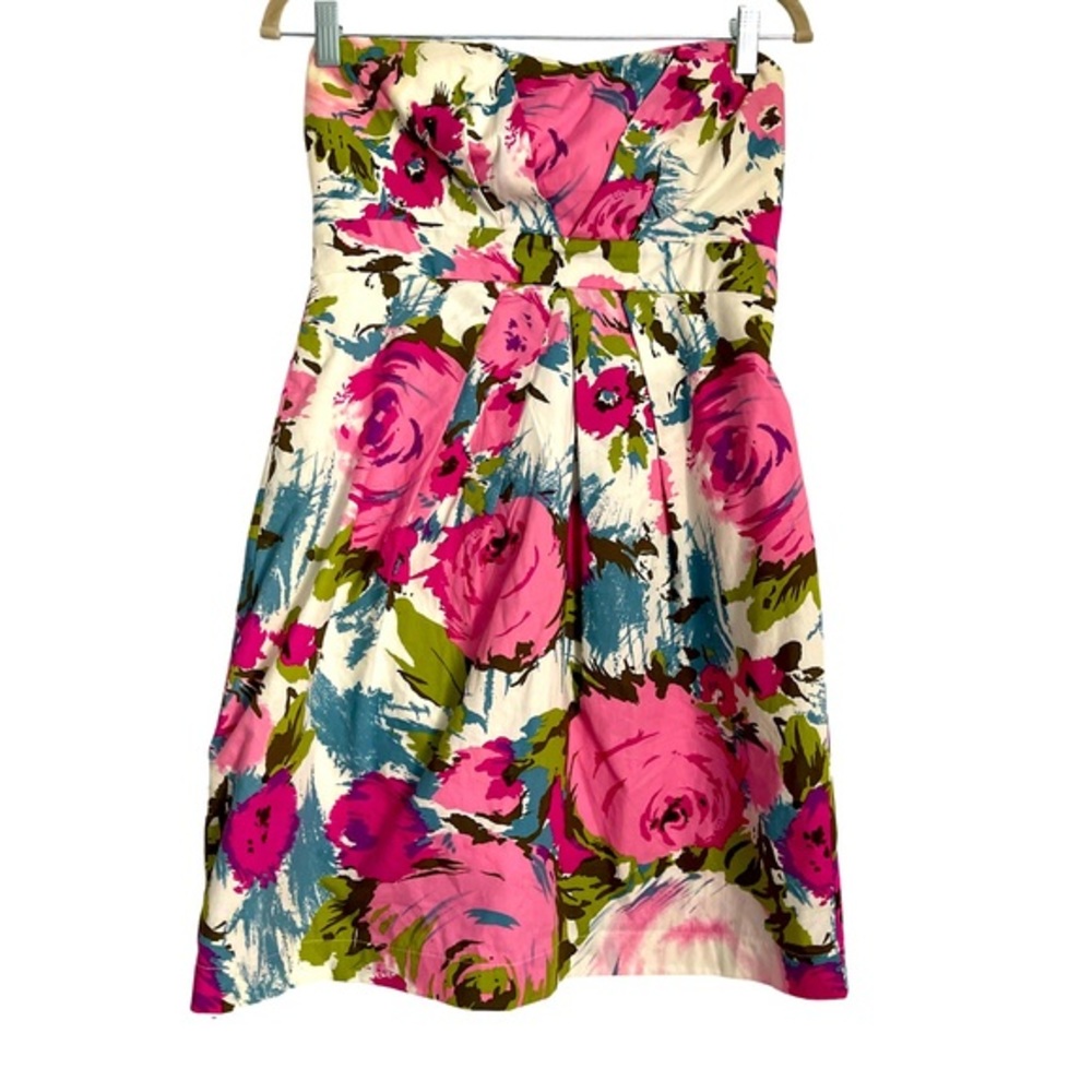 Strapless A-line mini dress with floral print fully lined